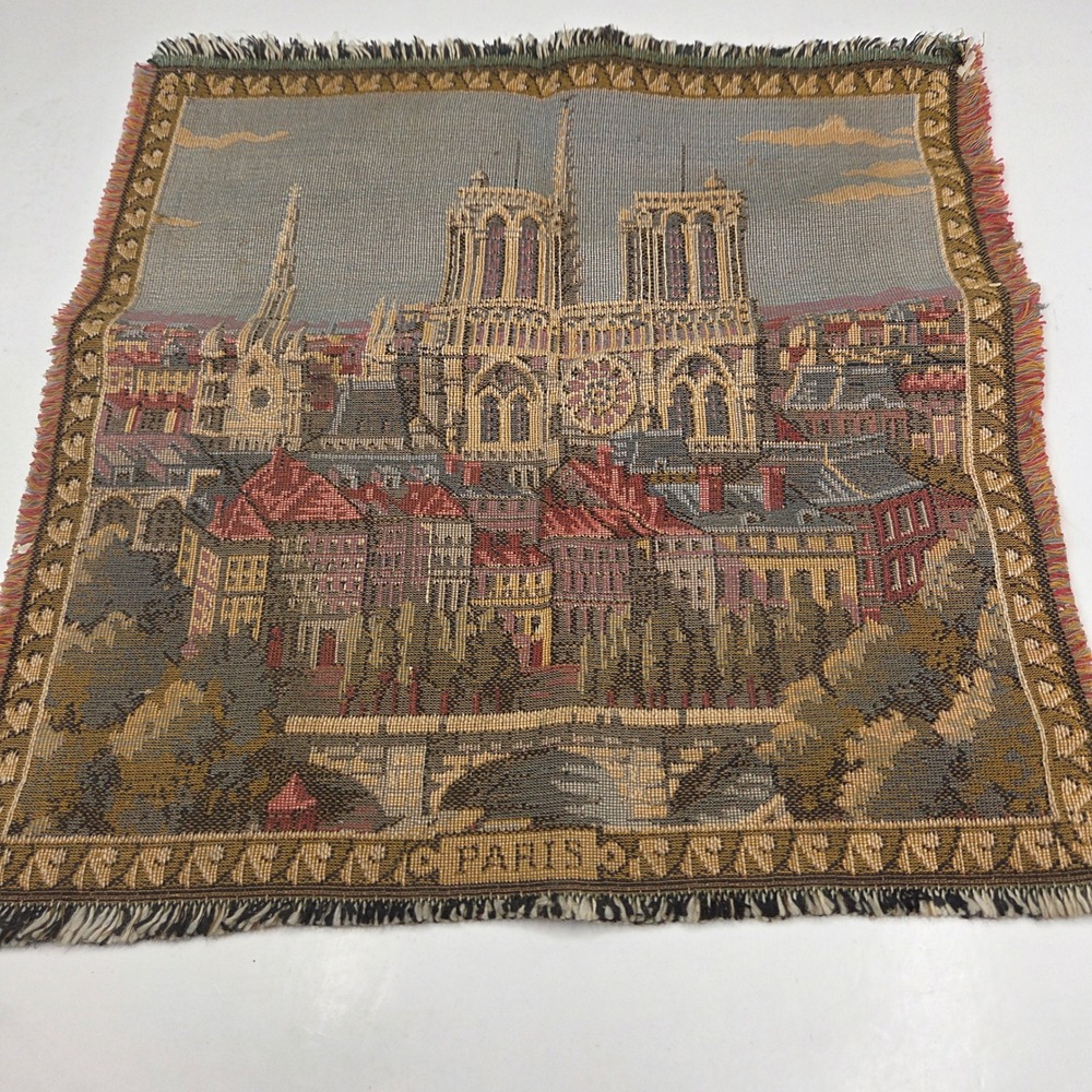Vintage Paris Notre Dame Woven Tapestry Wall Hanging Made in France 12x12 Multi